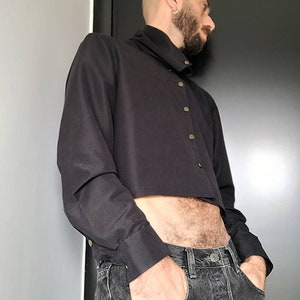 Herenhemd Crop herenoverhemd Zwart marineblauw herenoverhemd Herenoverhemd met lange mouwen herenoverhemd met knopen omhoog en omlaag brandende man kleding bijgesneden overhemd