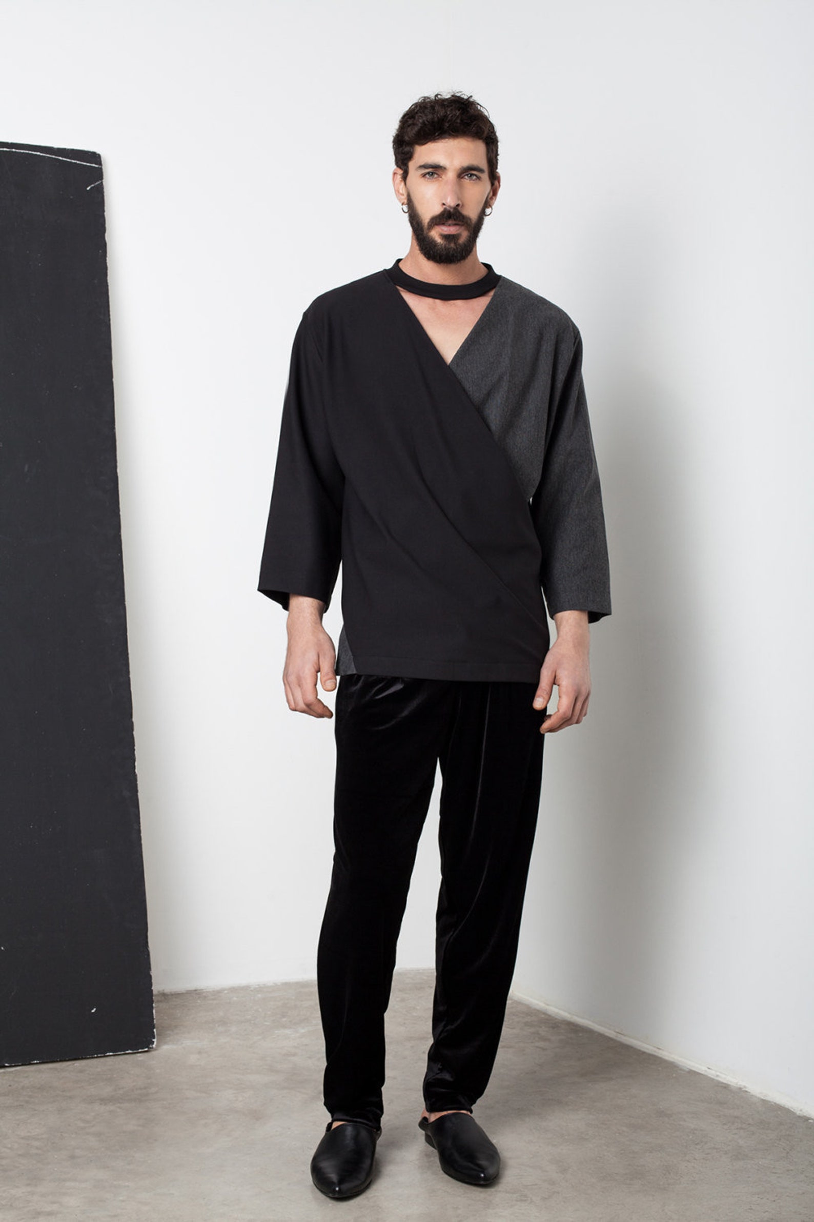 Mens shirt Mens wrap shirt Mens oversized shirt Mens black Etsy