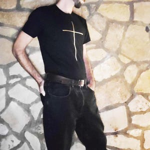 Mens Black T-Shirt: Golden Minimalist Print, Christmas Tee