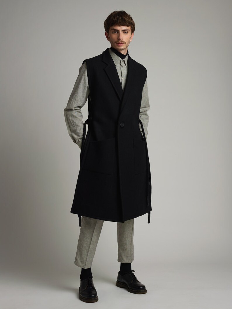 Mens coat Mens wool coat Mens black coat Mens sleeveless coat Etsy