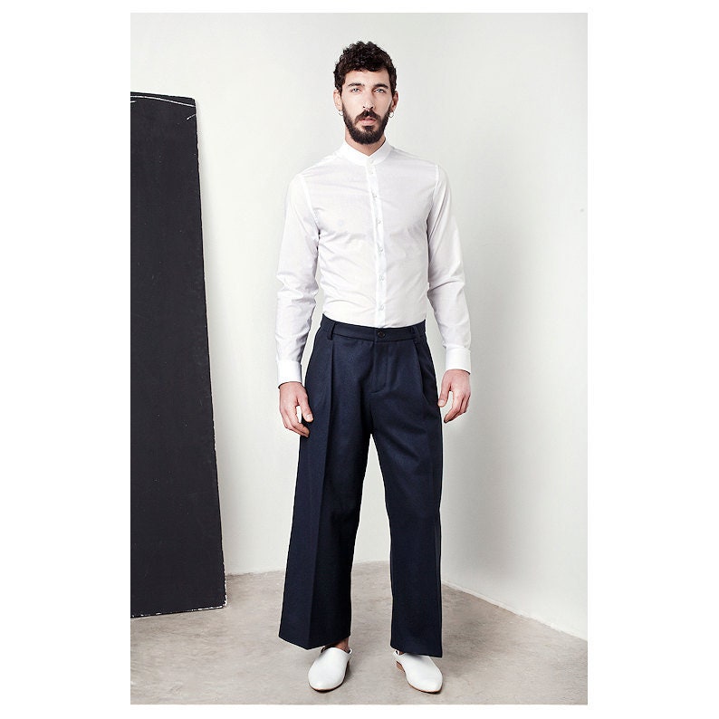 Blue Pants Mens Pleated Pants Tailored 