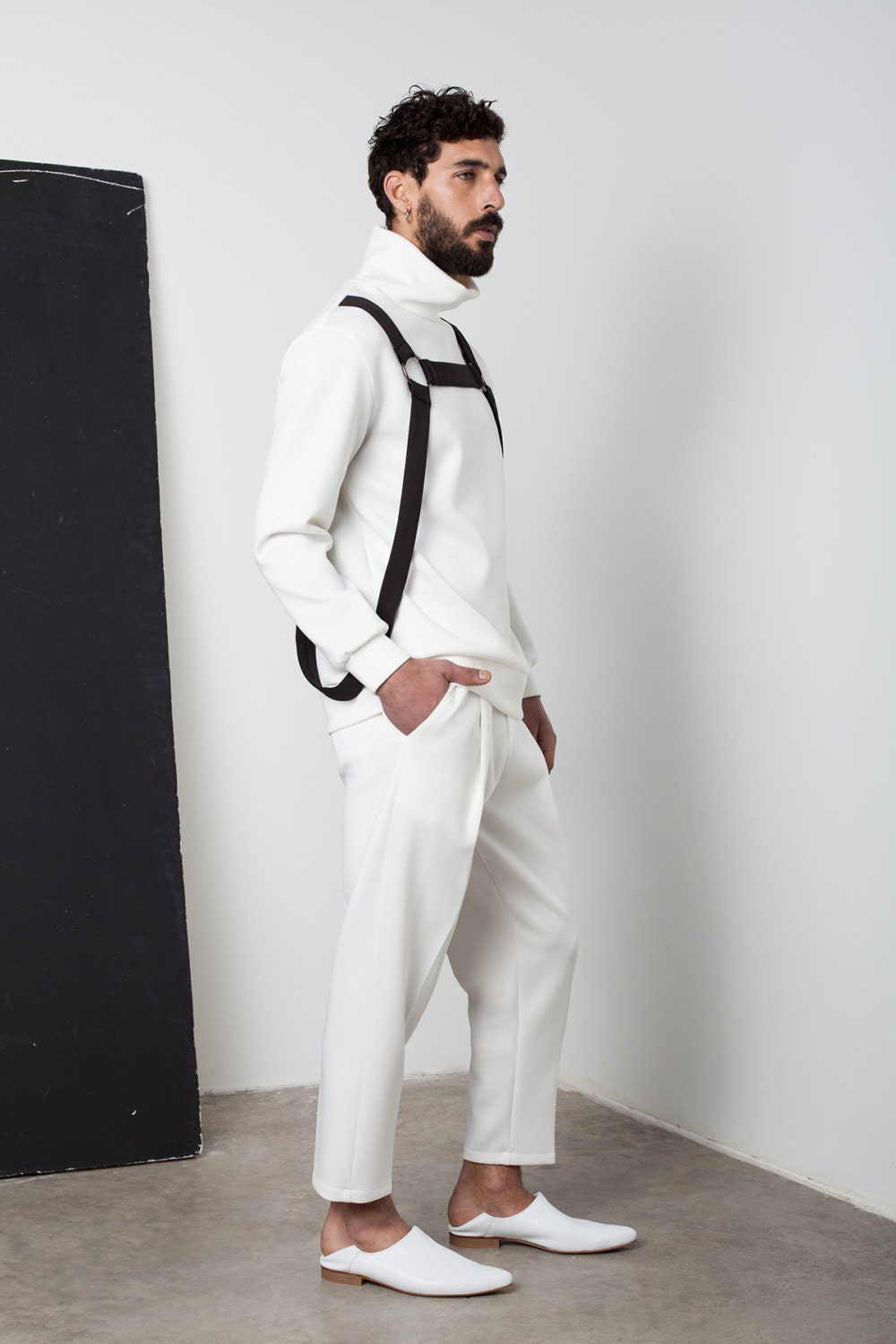 Mens White Neoprene Harem Pants: Minimalist Tailored Scuba