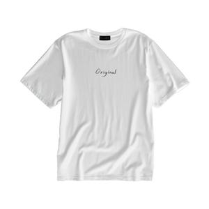 May include: White t-shirt with the word "Original" written in black cursive on the front.