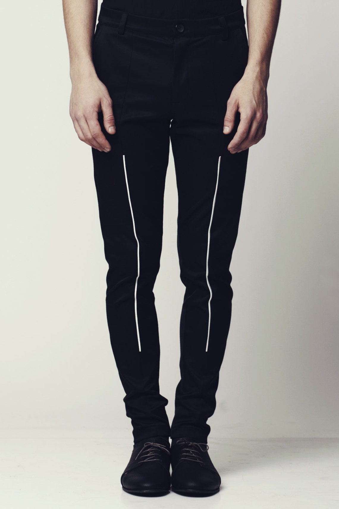 mens black pants with white stripe down side
