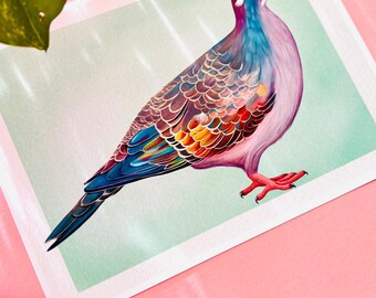 Bronze Wing Pigeon Art Print – Wildlife Illustration on Soft Green Background | Nature Wall Art | Cottagecore Décor