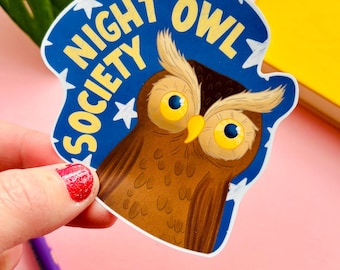 Night Owl Society Vinyl Sticker – Owl Lover Decal, Wildlife Sticker, Laptop & Water Bottle Decor