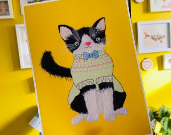Noodle Jumper Cat Hand Embroidery Art Print