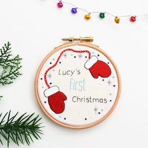 First Christmas Hand Embroidery 4 inch Christmas Hoop/ New Baby/ Christmas Decoration/ Personalised Decoration/ Snow Embroidery image 1