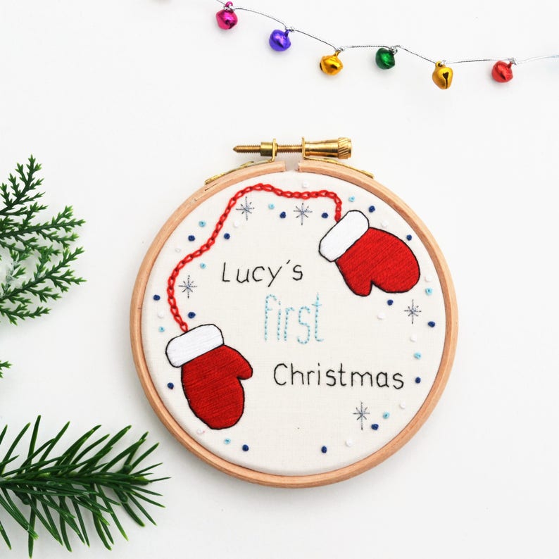 First Christmas Hand Embroidery 4 inch Christmas Hoop/ New Baby/ Christmas Decoration/ Personalised Decoration/ Snow Embroidery image 1