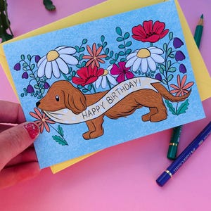 Daschund Geburtstagskarte: Wildblumen Blank Dackel Kunst Karte für Hundeliebhaber