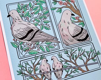 Pastel Blue Pigeon Art Print | Hand Drawn Bird Wall Art