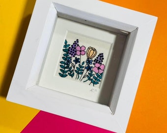 Mini frame mixed media hand embroidery wildflower original art.