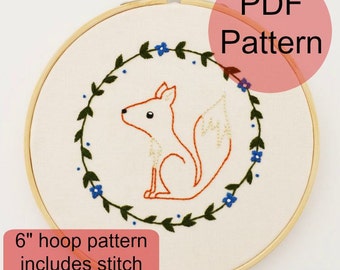 Embroidery PDF pattern 'Little Foxy' Instant Download. Hand embroidery for 6 inch hoop