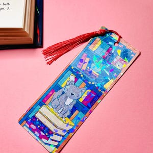 Holographic Bookmark- Bookish Cat Handmade Book Accessory with Tassel