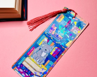 Holographic Bookmark- Bookish Cat Handmade Book Accessory with Tassel