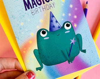 Magical Birthday Frog Card- Cute Mystical Handmade Card for Rainow, Magic and Fantasy Lovers