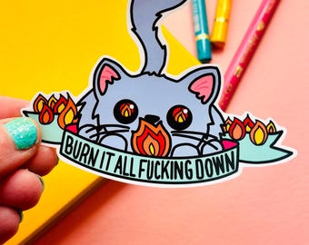 May include: A blue cartoon cat with red eyes is holding a flame in its paws. The cat is surrounded by flames and a banner that reads "BURN IT ALL FUCKING DOWN".