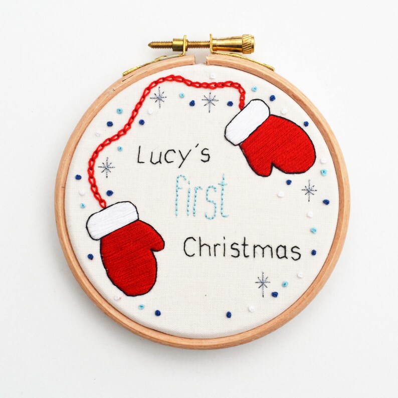 First Christmas Hand Embroidery 4 inch Christmas Hoop/ New Baby/ Christmas Decoration/ Personalised Decoration/ Snow Embroidery image 4