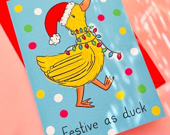 Festive As Duck Funny Christmas Card – Naughty Xmas Card for Friends – Cheeky Holiday Greeting with Duck – Secret Santa Gift Idea