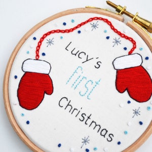 First Christmas Hand Embroidery 4 inch Christmas Hoop/ New Baby/ Christmas Decoration/ Personalised Decoration/ Snow Embroidery image 2