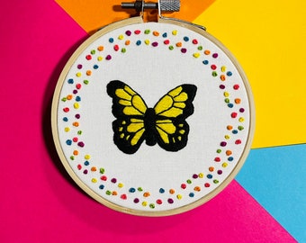 STOCK CLEARANCE  Hand Embroidery Hoop Art 'By Charlie's Hand' Collaboration- Yellow Butterfly Original Textile Art