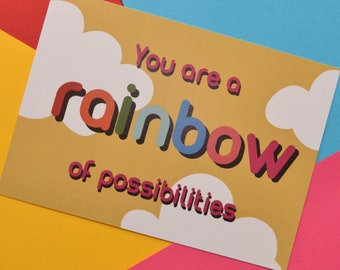 Rainbow of Possibilities Inspirational Quote Postcards. A6 postcard, creativity and kindness postcards. Digital Illustration