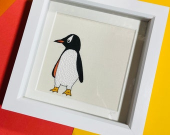 Gentoo penguin original hand embroidered mixed media framed art/Hand Embroidery Framed Art/ Textile Art/ Wall Hanging/ Embroidery Art