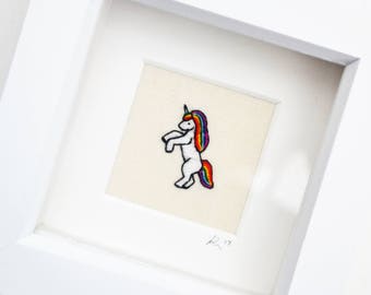 Unicorn Rainbow/ Miniature Hand Embroidery Framed Art/ Textile Art/ Wall Hanging/ Embroidery Art