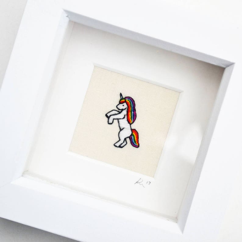 Unicorn Rainbow/ Miniature Hand Embroidery Framed Art/ Textile Art/ Wall Hanging/ Embroidery Art image 1