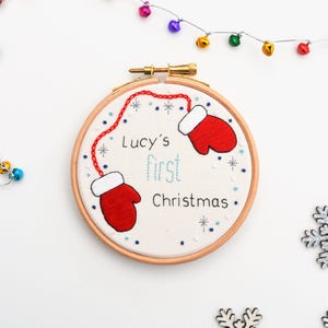 First Christmas Hand Embroidery 4 inch Christmas Hoop/ New Baby/ Christmas Decoration/ Personalised Decoration/ Snow Embroidery image 3