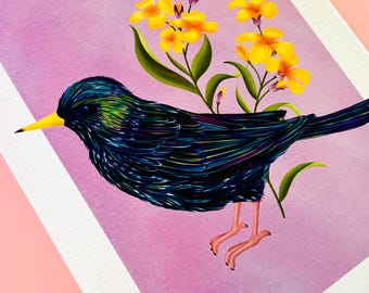 Starling Bird Art Print, Colourful Botanical Bird Illustration, Purple Background with Yellow Wallflower, Nature Wall Art