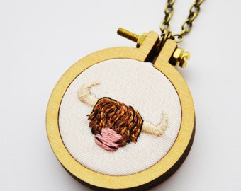 Highland Cow Hoop Necklace or Brooch. Miniature 4cm Hoop Hand Embroidery Art