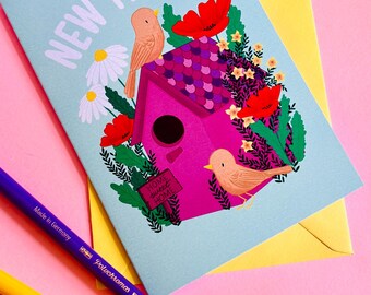 New Home Moving Card- Colourful Handmade Birdhouse Greetings Card