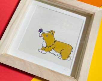 Corgi original hand embroidered mixed media framed art/Hand Embroidery Framed Art/ Textile Art/ Wall Hanging/ Embroidery Art