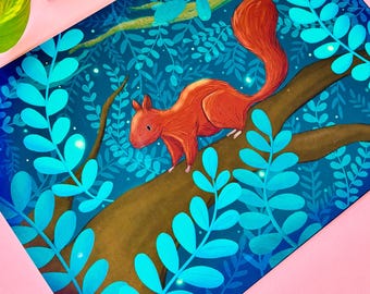 Red Squirrel Art Print: Mystical Forest Scene, Whimsical Nature