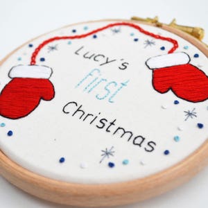 First Christmas Hand Embroidery 4 inch Christmas Hoop/ New Baby/ Christmas Decoration/ Personalised Decoration/ Snow Embroidery image 5