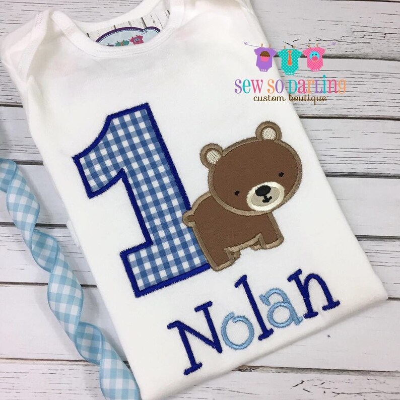 1st Birthday Bear Shirt Bear Birthday Shirt Boy Bear Birthday Outfit Gingham bear Birthday Shirt Boy first Birthday shirt