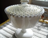 Vintage Silver Crest Milk Glass Opalescent Compote Dish Hobnail Lid