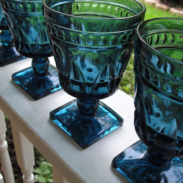 Set of 4 Vintage Park Lane Indiana Glass/Colony Glass Square Footed Blue Water Goblets