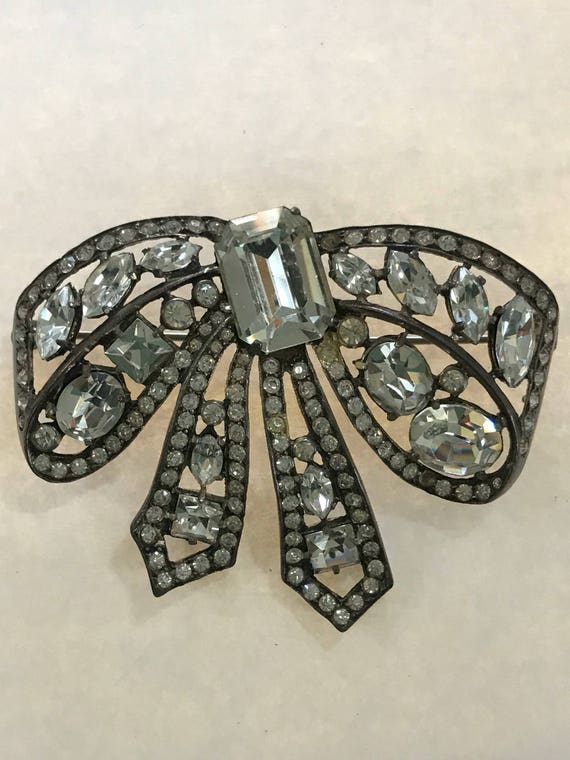 1930s EISENBERG ORIGINAL Signed Gold /& Jumbo Crystal BOW Brooch QBC28
