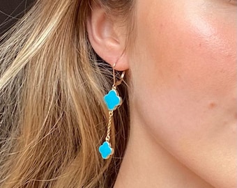 Gold Filled Turquoise Clover Drop Earrings: Minimalist Dangle Earrings
