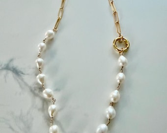 Baroque pearl and paper clip chain charm necklace