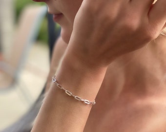 Sterling Silver Rectangle Link Bracelet: Minimalist Paperclip Chain