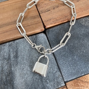 Padlock charm bracelet, Paper clip link bracelet, Sterling silver charm bracelet, Unisex charm bracelet