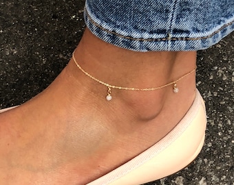 Gemstone Anklet: Sterling Silver or Gold Filled, Dainty Gemstone Chain