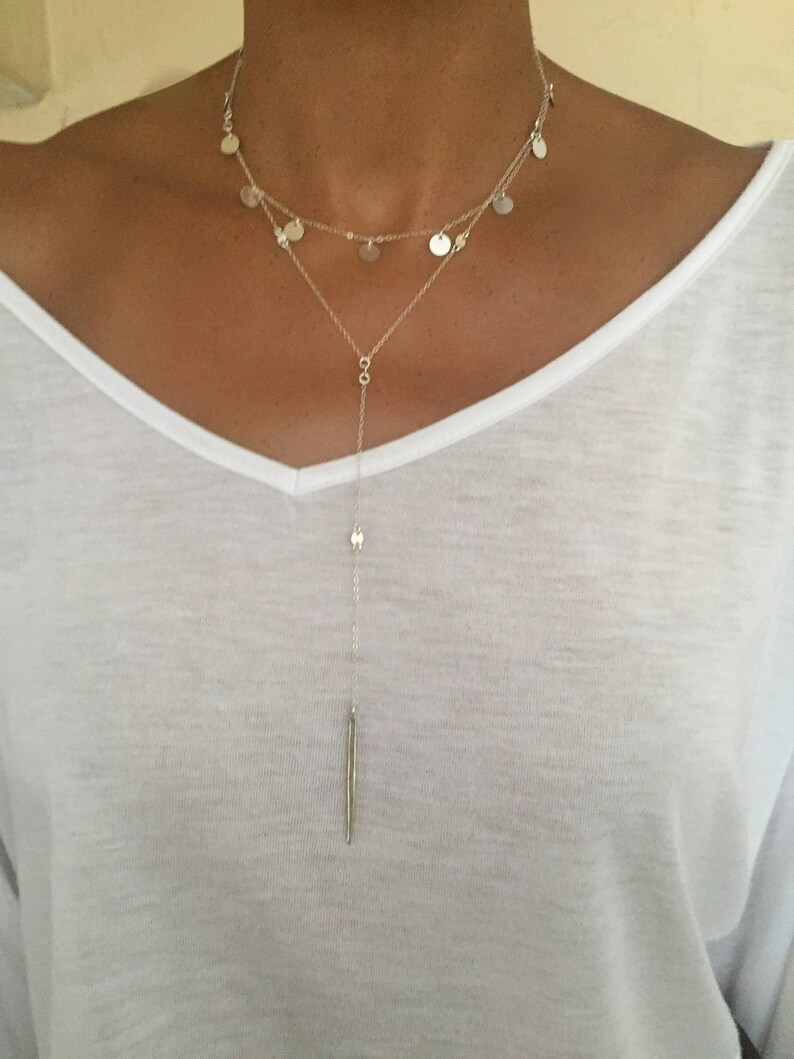 Simple necklace Sterling silver Y necklace with small sterling silver discs Silver dainty necklace Minimalism