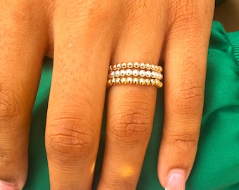 Beaded Stretch Ring: Stackable Sterling Silver, Gold Filled