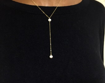 Pearl Y necklace- Pearl lariat- Pearl drop necklace- Dainty necklace
