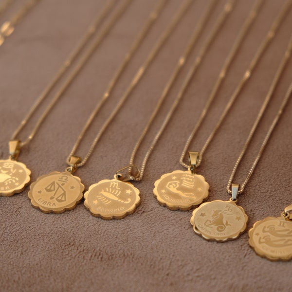 Zodiac medallion necklace, Gold zodiac medallion pendant necklace, Paper clip chain, Layering necklace