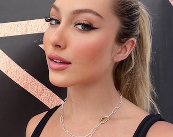 Sterling Silver Paper Clip Chain Necklace with Gold Carabiner Lock